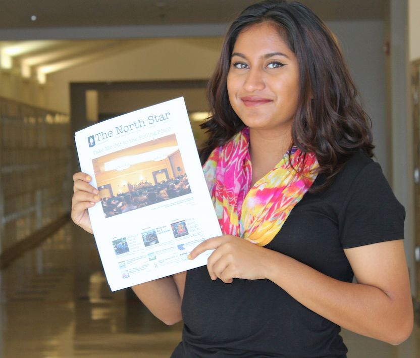 Senior Abeeha Shamshad poses with her political newspaper, North Star.