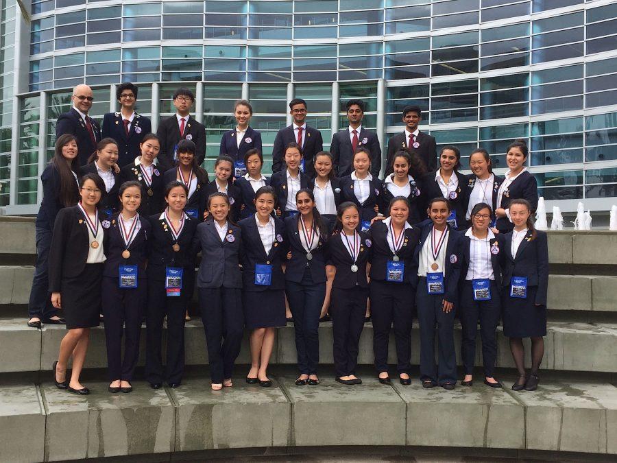 Cal High’s HOSA competitors and adviser Andrew White, back row far left, pose in front of the Anaheim Convention Center during the State Leadership Conference April 7-10. Nine Cal students qualified for the national competition in June.