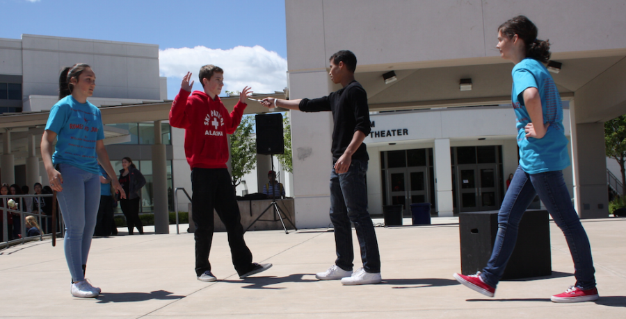 The cast of “Romeo and Juliet” practice a duel in prepartion for tonight’s final show.