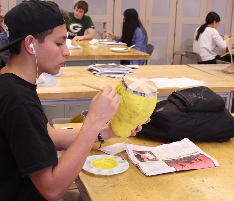 A student works on his next masterpiece in Leanne Tangney’s 3-D Art class, where students  use different mediums for projects.