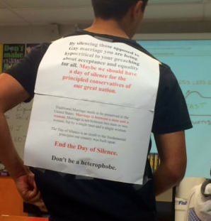 A student at Dougherty Valley High displayed an anti-Day of Silence flyer on his back.