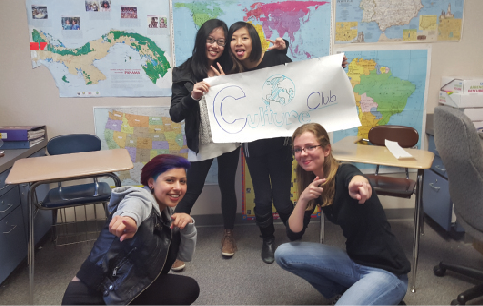 From right to left, Culture Club members Nieves Winslow, Stephanie Stijiamoto, Kathley Letran, and Megan Weinshelbaum choose a different nation to celebrate each month.