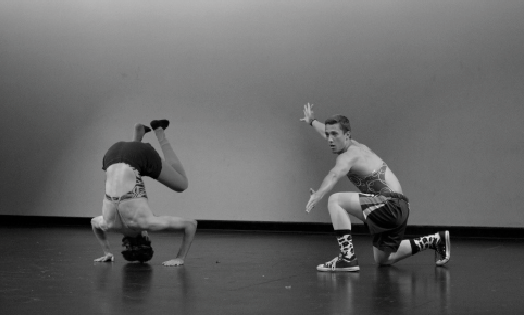 Mr. January aka Troy Muzzio, and Josh Shapland performing a choregraphed dance in the their own jazzy style. 