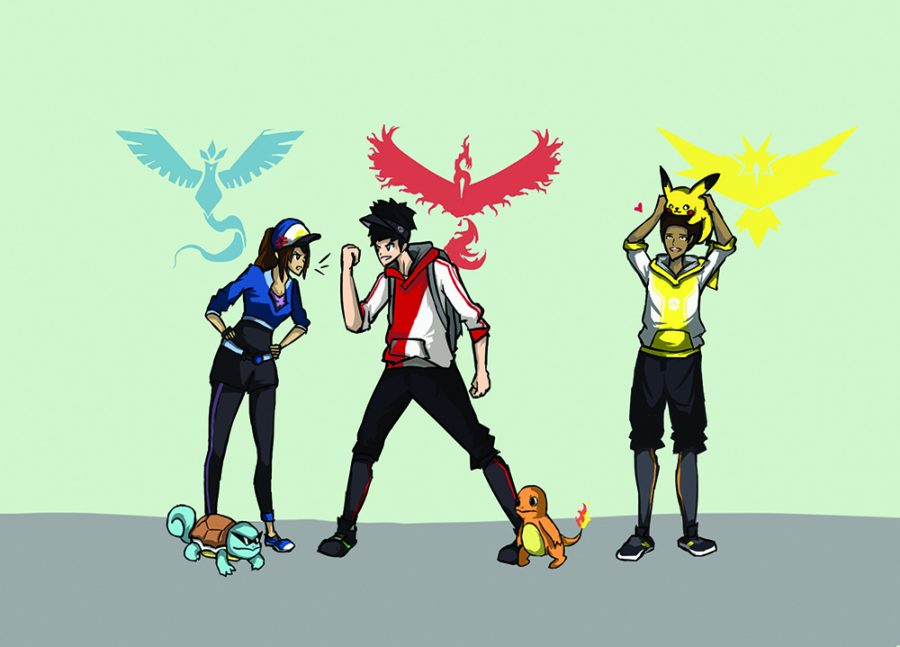 A Team Mystic member and a Team Valor member starting a heated argument while a Team Instinct Member is preoccuping his time with a Pikachu.