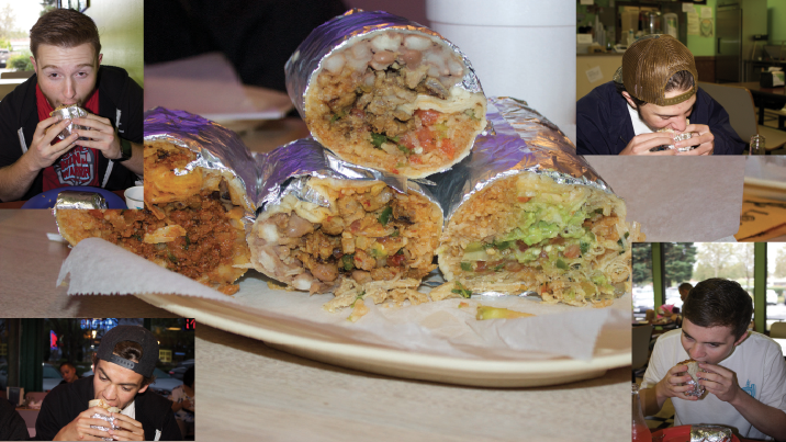 Clockwise from upper left, Josh Iverson, Aaron Velasquez, Brendan Ogburn and Patrick Rettig battle with foil encrusted tortilla demons. All pictured were victorious except Brendan, who could only finish half of his burrito.