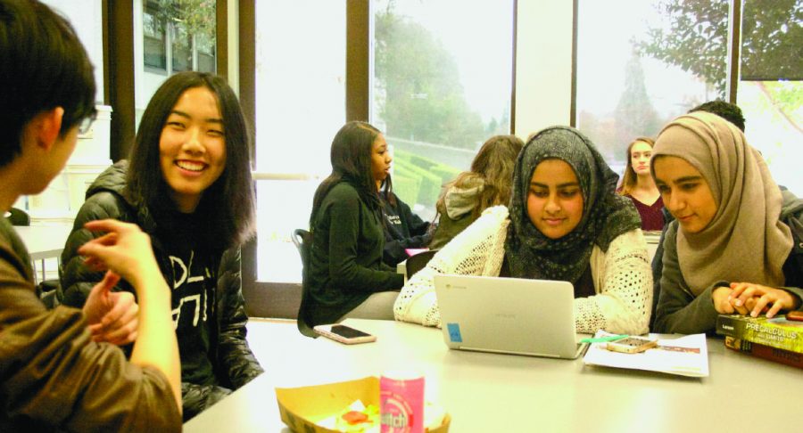 From left to right, juniors Leqi Zeng, Ursella Cheung, Eesha Ali and Noorul Huda attend a weekly CollegeConnect meeting.