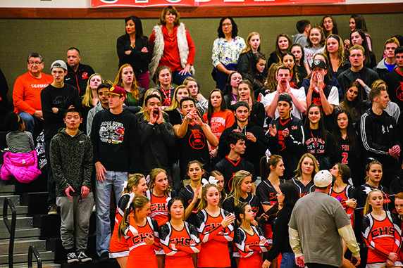 Cal High’s 6th Man cheers on the varsity men’s basketball team in the Event Center during their 28-point victory over Livermore on Jan. 24.