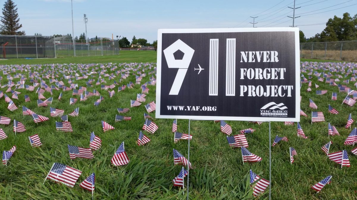 The Freedom Alliance Club placed American flags behind the Ed Noble baseball field for September 11.