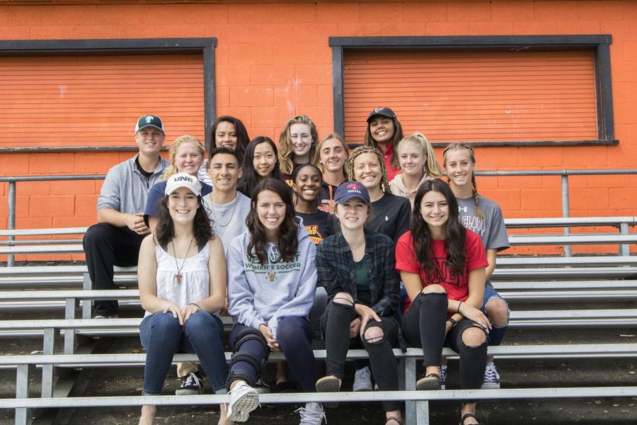 Senior athletes continuing their careers in college include front row from left to right, Ashley Franza, Abby Pokrzywinski, Emily Wright, and Isabella Perez; second row, Israel Mendoza, Mikaela Bismillah, Sydney Wilson, and Kayla Neumann; third row, Drew Halvorson, Meichen Zhu, Alyssa Brewer, Erin Cady; fourth row, Ryan Wright, Teisa Tuioti, Jenna Hahn, and Alexis Hooper.   Not pictured, Gabriella Edmond, Bryan Friedel, Alexis Berlin, and Robert Poynter. 
