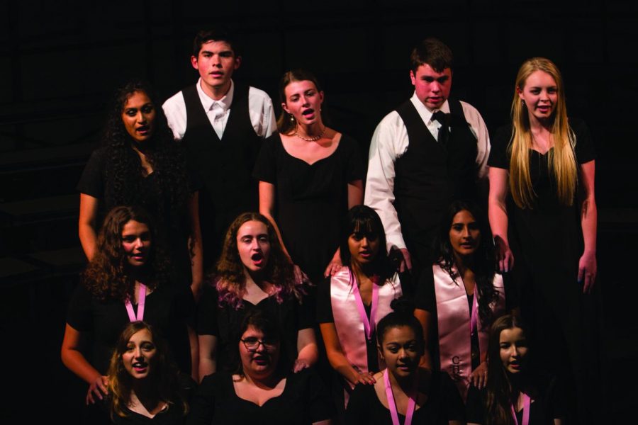 Jazz choir performing at the farewell concert on May 17. Front row: Byrd Mifsud, Hannah Hall, Kelia Barrientos, Giovanna Silva. Second row: Asha Ray Chaudhuri, Ilene Morrisette, Himadri Gupta, Noorain Patel. Back row: Swetha Sankar, Jordan Limesand, Maren Callaway, John Symank, Alexis Rauba. Not pictured, Ryan Boyle.