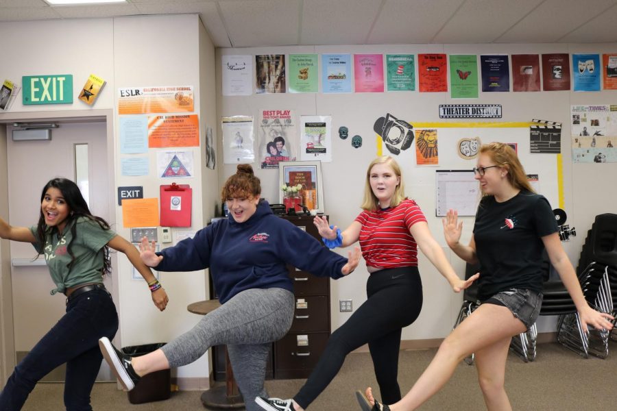 From left to right. Erica DSouza, Sarah OBrien, Katelyn Reedy, and Alex Kerstetter goof around in the Theater 4 class.