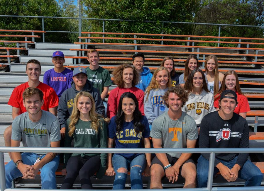 Senior committed athletes, front row from left to right, Blake Hazelton, Nikki Trucco, Lexi Trucco, Connor Lawrence, and Josh Giffins; second row: Brody Steinhart, JP Guimareas, Dylan Lisle, Daniella Hawkins, Lainey Hanehan, and Alexis Burt; third row: Mark Balleza, Karl Lovett, Alex Zhu, Sydney Hammill, Amanda Robman, and Sydney Frankenberger.