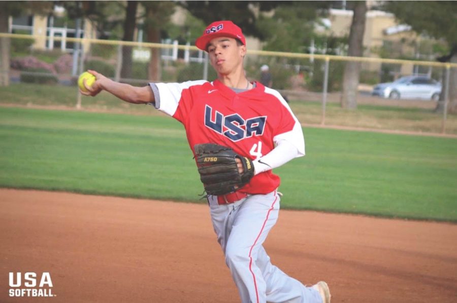 Ethan+Rodriguez%2C+who+was+a+member+of+the+2018+USA+National+Softball+team%2C+prepares+to+receive+a+pitch.