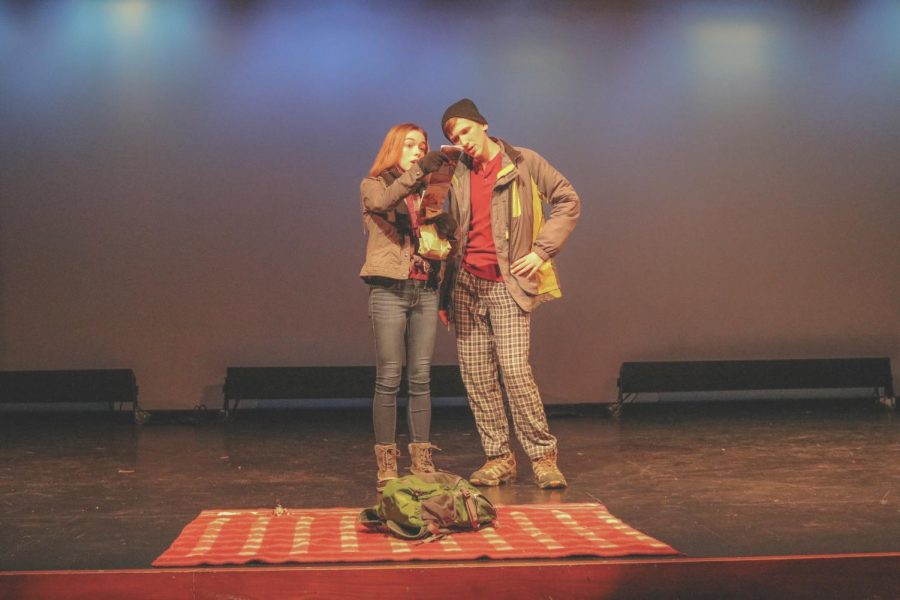 Actors Ashley Teele. left, and Ben Duggins perform a scene in the touching, yet humorous play, “Almost, Maine”, which Cal’s drama department performed on campus last week.