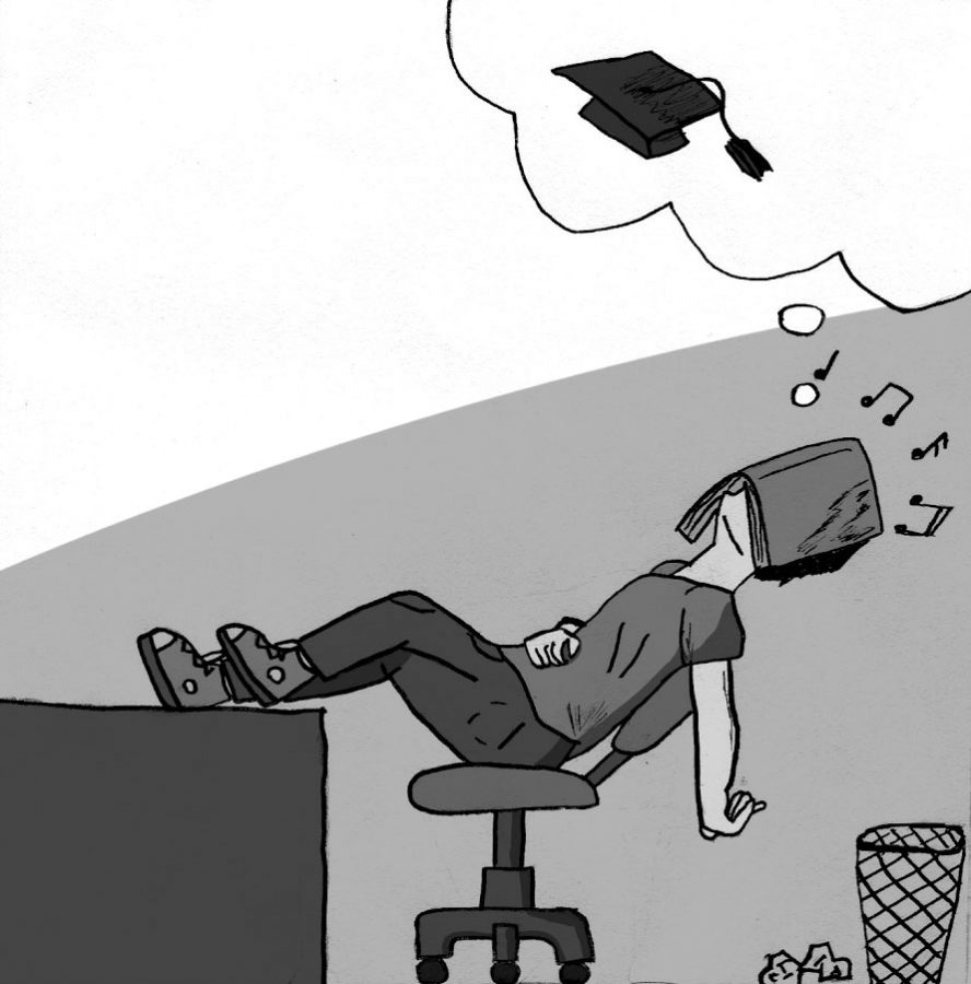 A hardworking senior takes a well-deserved nap and dreams of his graduation day after enduring four agonizing years of high school. Illustration by Thomas Tsuchimoto.