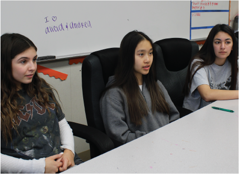 Class of 2021 officers from left to right: treasurer Andrea Georgieva, vice president Amanda Le, and president Alicia Loney had a meeting discussing the 2020 Junior Prom, which they have been planning for about two years.