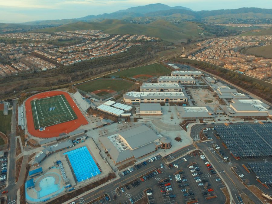 This drone shot shows a bird’s eye view of Doughterty’s sprawling campus. In the background of the school is Mount Diablo and the valley.