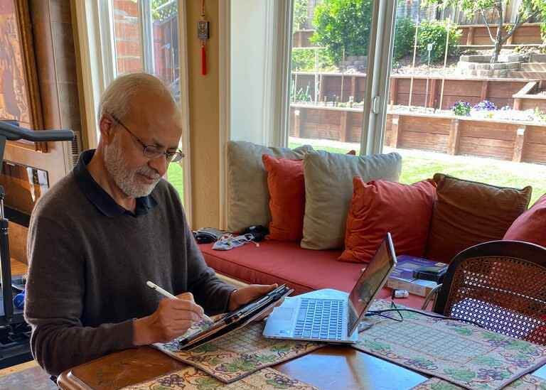 JP Singh teaches Honors Precalculus, Accelerated Algebra II, and AP Calculus BC remotely from his living room with the help of his iPad Pro. Photo courtesy JP Singh.