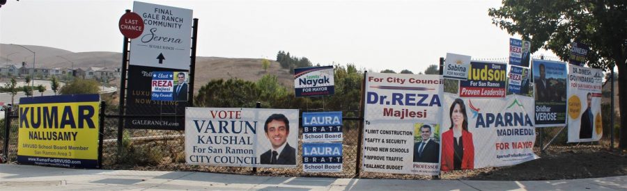 Campaign signs populate city street corners as candidates promote themselves for San Ramon city council and mayor, and the San Ramon Unified School District Board of Education. The election is Nov. 3.