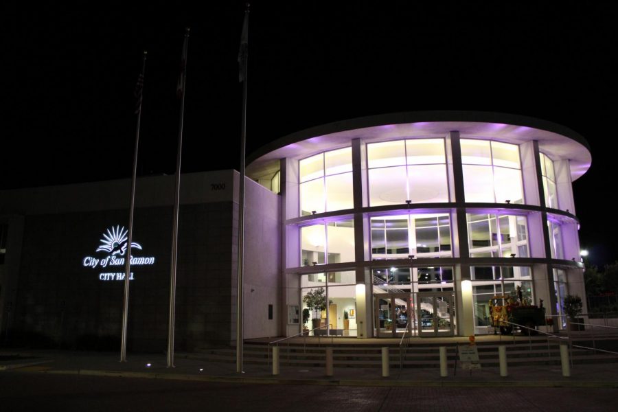 San Ramon City Hall lights up purple to show support for Domestic violence awareness month in October. Lighting up City Hall for certain awareness months and holidays has become a tradition in San Ramon.