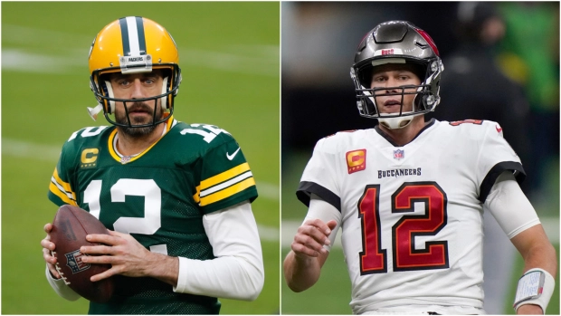 Quarterbacks Aaron Rodgers, left, and Tom Brady face off Sunday with the NFC title on the line. If Bradys Tampa Bay Buccaneers win, he will reach his 10th Super Bowl. Rodgers is going for his second trip to the big game with the Green Bay Packers.