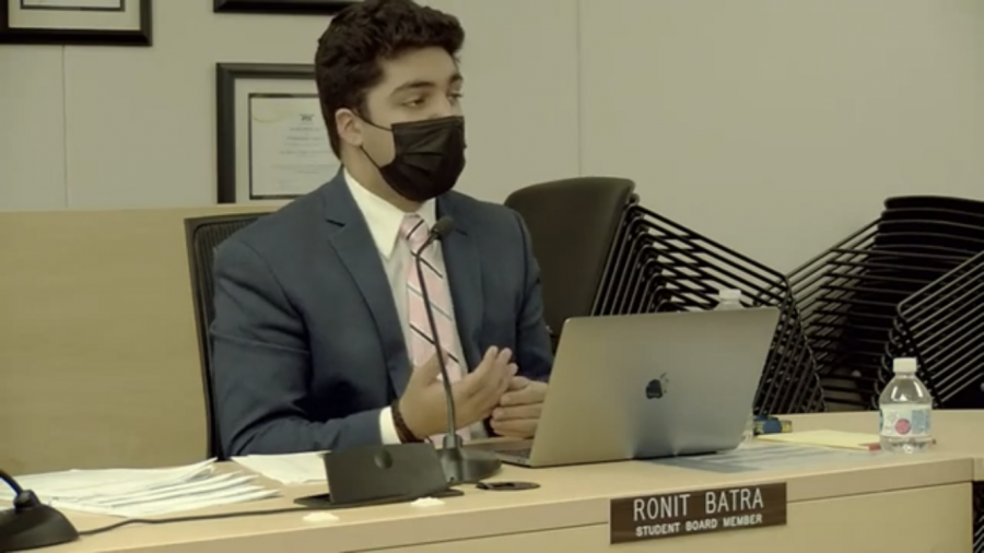 Senior Ronit Batra expresses his thoughts during the Oct. 6 San Ramon Valley Unified School District Board meeting.