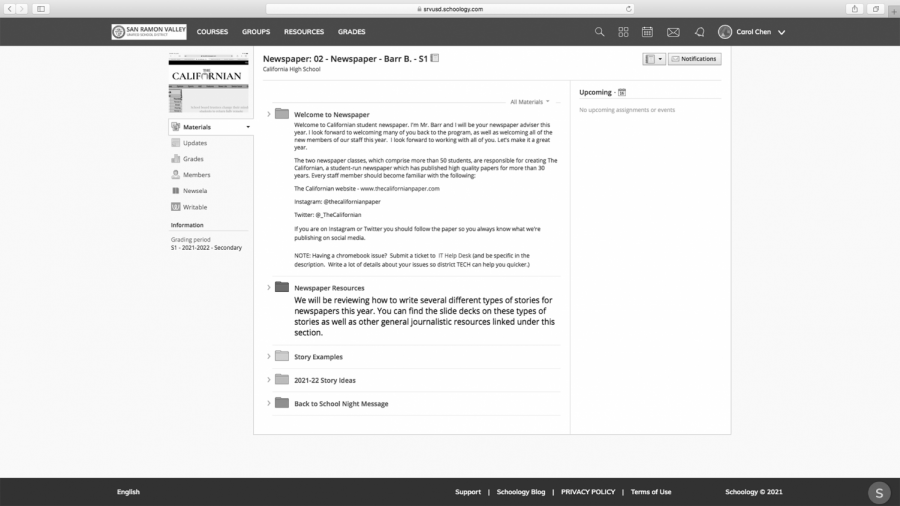 The class interface of Schoology shows students folders with everything from class materials to announcements.