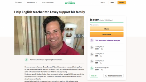 Student created a GoFundMe page for English teacher Ted Levey when they heard his wife had terminal cancer. Donations exceeded more than $50,000.