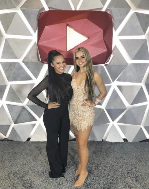 Former Cal High ASB President Ariadna Jacob, left, and TikTok star Addison Rae pose at the YouTube 2019 Streaming Awards. Jacob is suing The New York Times for defamation related to an article written about her TikTok talent management company.