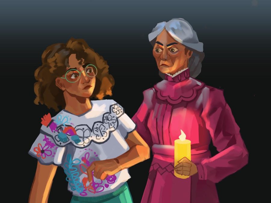Abuela confronts Mirabel while holding the Madrigal’s magic candle, the family’s source of magic.