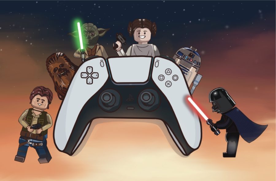 From left to right, Han Solo, Chewbacca, Yoda, Princess Leia, R2-D2, and Darth Vader are characters from the Star Wars cinematic universe and will be featured in Lego’s new action video game, “Star Wars the Skywalker Saga”, which will be released in April.