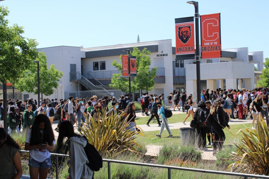 Hundreds of students walk through the quad like they have for a full year since the COVID-19 pandemic quarantine.