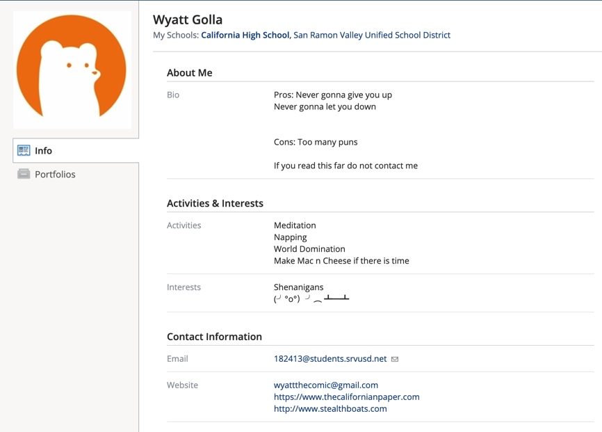 Students such as News Lite Editor Wyatt Golla have made the  most out of the new Schoology bio feature by highlighting their interests, hobbies and, of course, their cleverness.