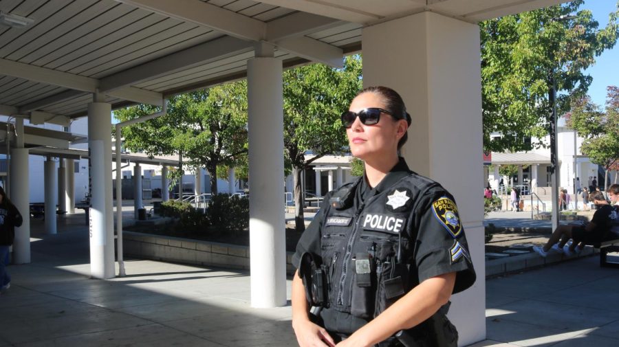 Corporal Maricela Bracamonte patrols campus in her SRO uniform during break at Cal High.