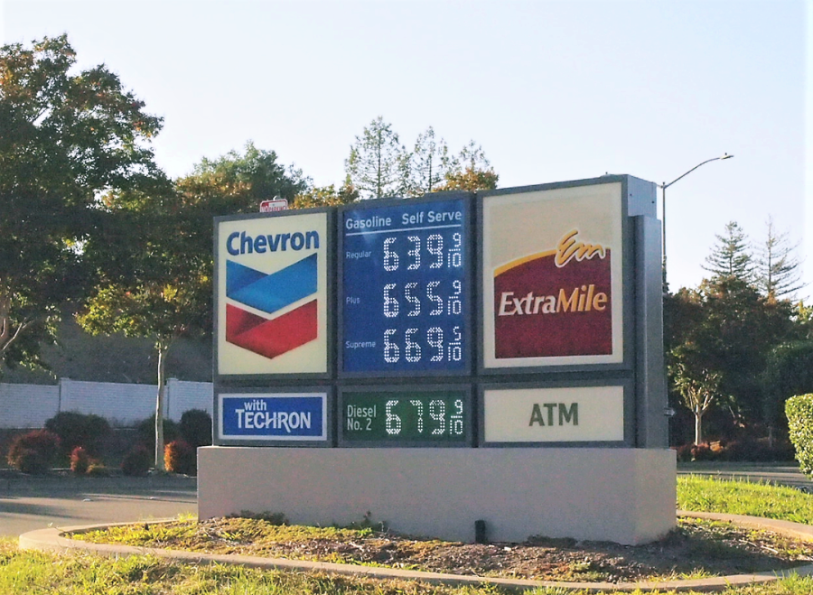 Gas+prices+at+the+Chevron+Station+at+the+intersection+of+Bollinger+Canyon+Road+and+San+Ramon+Valley+Boulevard+easily+exceeded+%246+a+gallon+in+late+October.+Rising+gas+prices+have+created+problems+for+students+and+teachers.+