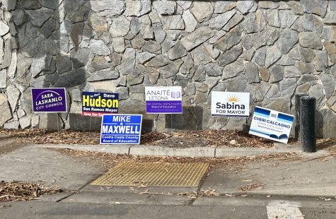 Signs promoting city council candidates are displayed throughout town before Tuesdays midterm elections. Four candidates are vying for two of San Ramons four city council seats.