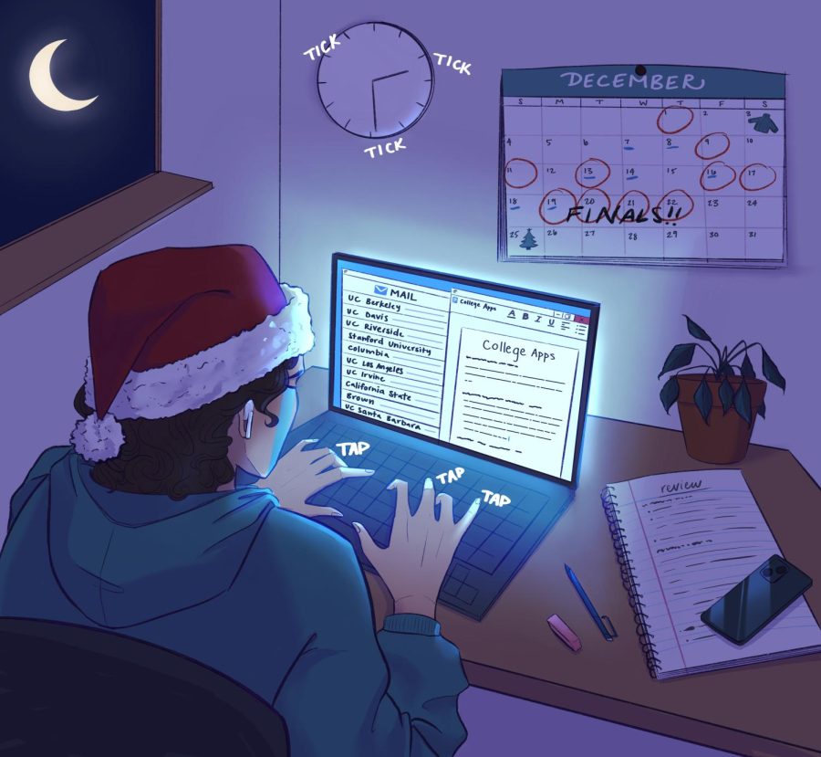 A festive senior feverishly types an early action college essay in the dead of night as application deadlines approach.