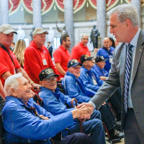 Speaker of the House Kevin McCarthy (R-Calif), seen here shaking hands with veterans in 2019, was finally elected to his new position after 15 votes earlier this month. This marked the longest speaker election in more than 150 years.