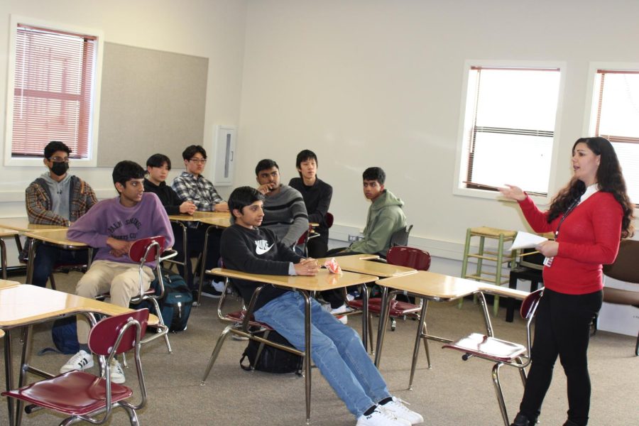 Assistant principal Azine Davoudzadeh and the Samsung Solve For Tomorrow competition team discuss their plans for their diabetes smart speaker, Nutree. The team is among the state finalists and has already won $2,500.