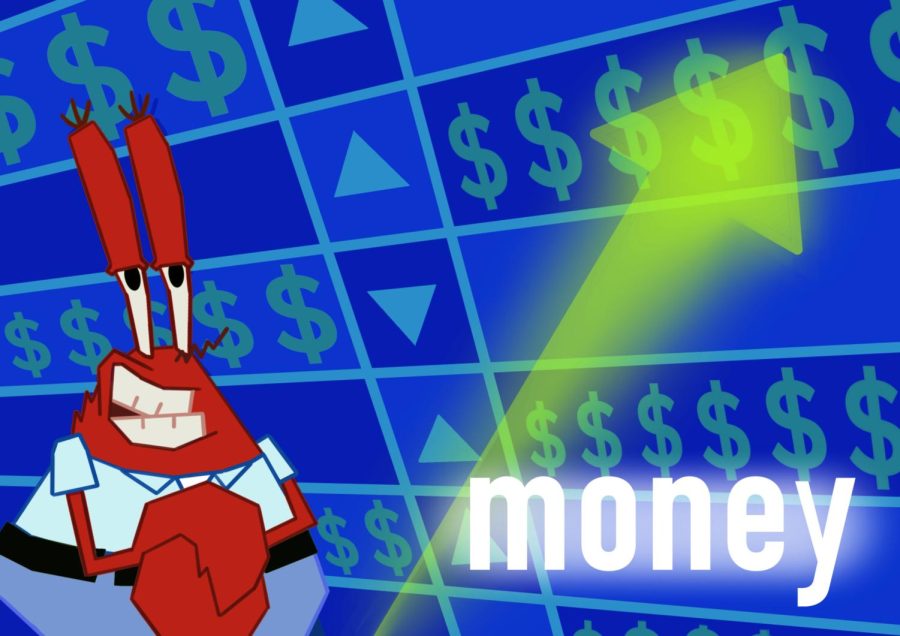Eugene+Harold+Krabs+watches+in+glee+as+his+investments+skyrocket+in+value.+Krabs+invested+early+while+he+was+a+student.