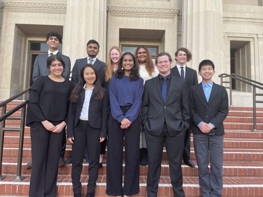 Cal High’s mock trial defense team stands on the steps of the County Superior Court in Martinez. The defense team won the finals against Campolindo High School on Feb. 13.