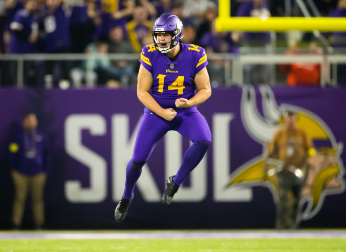 Cal High graduate Ryan Wright celebrates after a succesful punt during his first season with the Minnesota Vikings.
