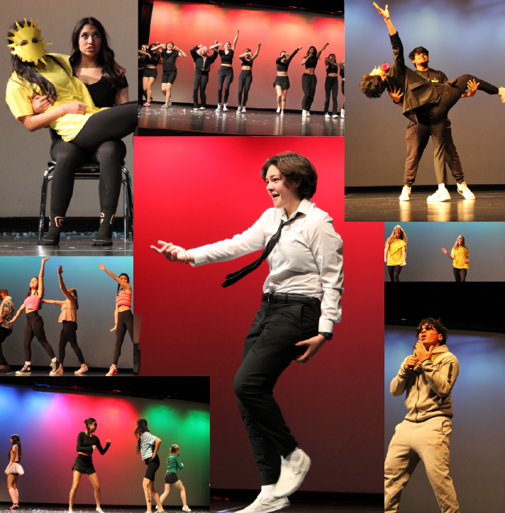 Clockwise from top left, freshman Siria Trinidad holds her classmate in a cradle; the sophomore class opens off their performance with the iconic “Camp Rock” chant; junior Ronak Adhikari holds Krish Gupta as the duo finishes their dance off with a dip; freshmen dance along in their performance; senior Sione Hingano nails his portrayal of Bruno Mars; senior Lili Loney rocks as Justin Timberlake; the sophomore Powerpuff Girls defeat their fierce enemies; and juniors sing along to “Beach Boys” during Friday’s Lip Sync competition in the theater.