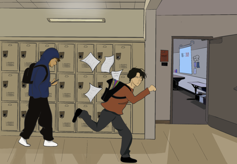 A student dashes to class moments before the bell rings as another trudges through the hall, apathetic to being tardy.