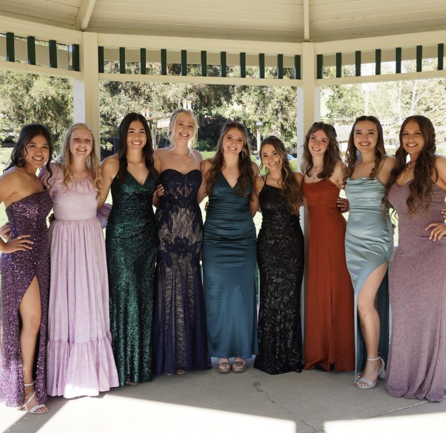 From left to right senior Alyssa Villarde, graduate Geneva Katharine, senior Mia Rabuco, senior Kylie Matek, senior Natalie Peete, senior Julia Rocha, senior Gaia Landsman, graduate Lisette Green, senior Noelani Ching posing for 2022 prom.