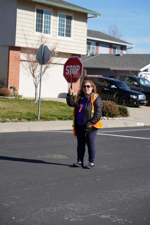 Crossing guard and lunch lady Maka Maroun holds up a stop sign at a crosswalk so students can cross. 