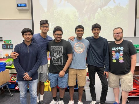 From left to right, the CALtronics team of Sushant Mireddy, Abhay Rathi, Srinikesh Kanneluru, Aaditya Sanil, and Swayam Shah pose with adviser, Sean Raser. The team designed an autonomous freight aircraft called G-59 Zeta.