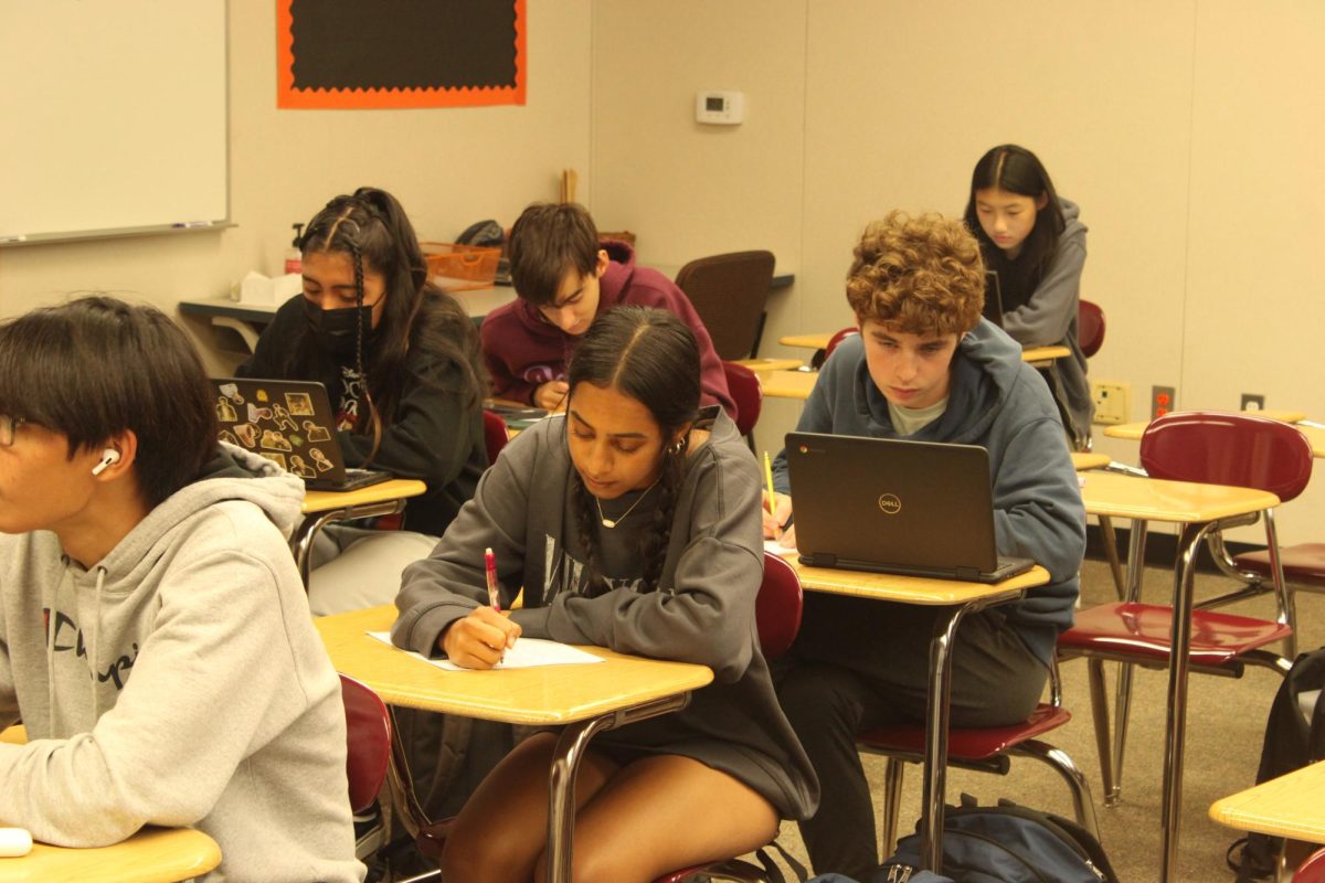 Freshman Neha Gaddam works on her geometry homework during class. Gaddam decided to enroll at Cal High this year despite living closer to Dougherty Valley High School.