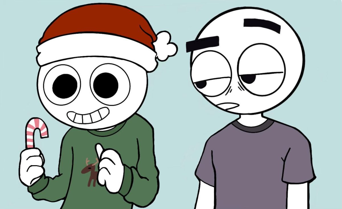 A hyped Christmas fan excited for their favorite holiday stands right next to a depressed person who’s already sick of the Christmas cheer.