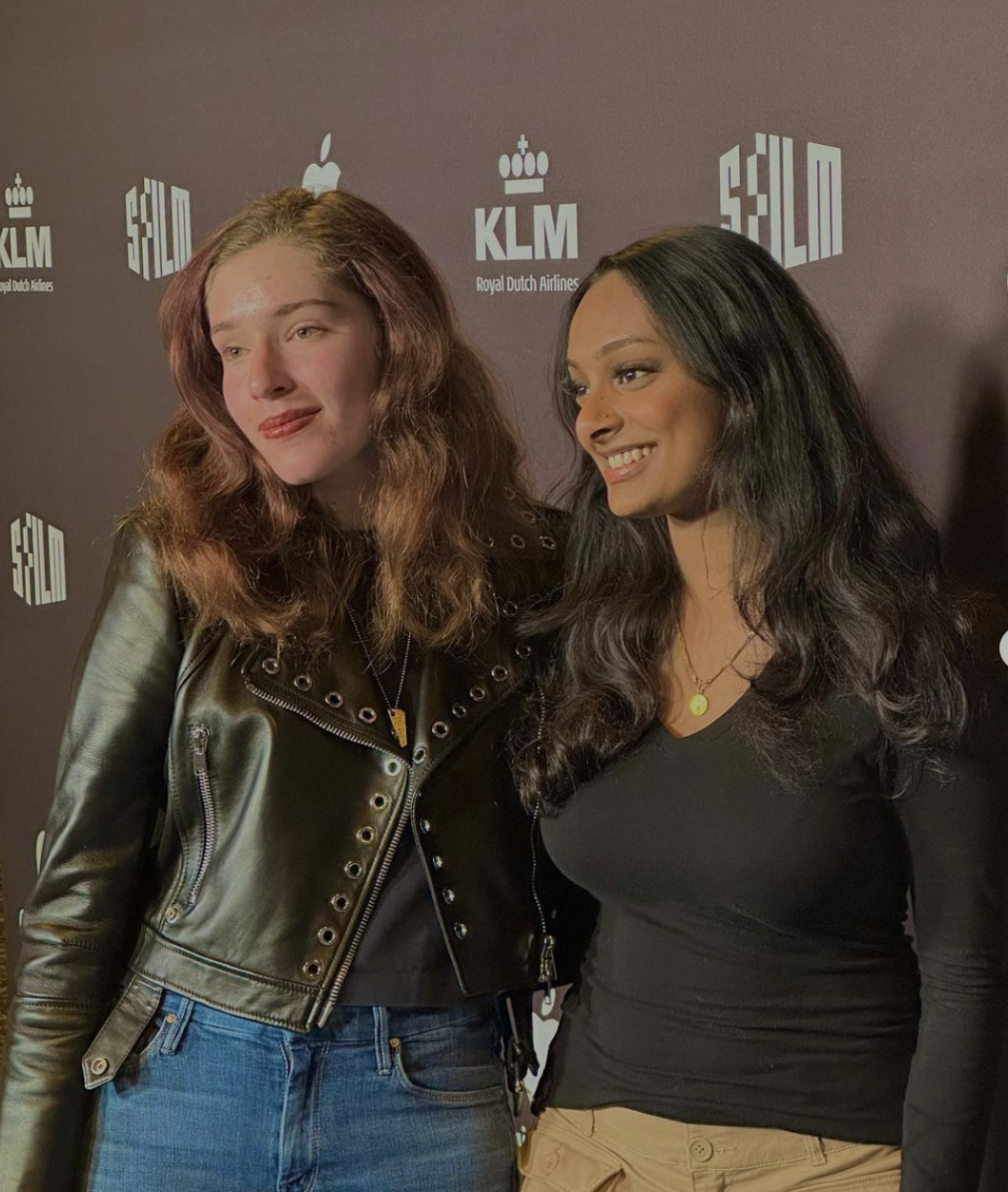 Keertana Sreekumar, right, and Athena Zarath smile for photos at the premier of “Growing up with Memory Loss”, a short that Sreekumar directed for SFFILM last year.